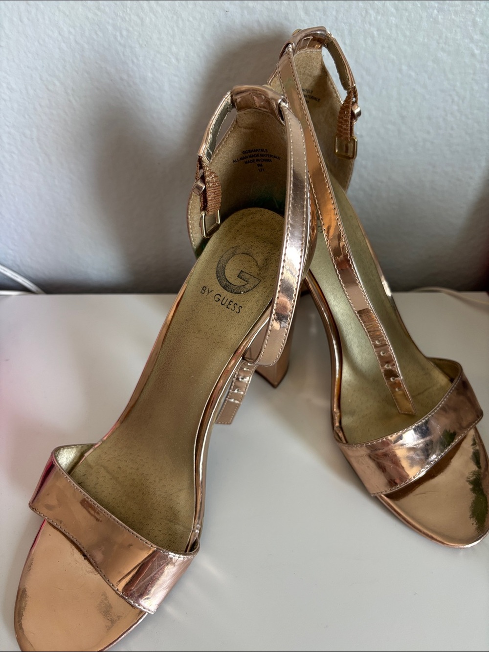 GUESS Rose Gold Metallic Block Heel Sandals